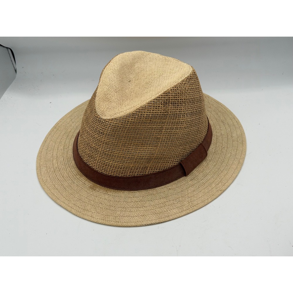 Two Tone Woven Straw Fedora Sun Hat Breathable Open Weave Crown L/XL